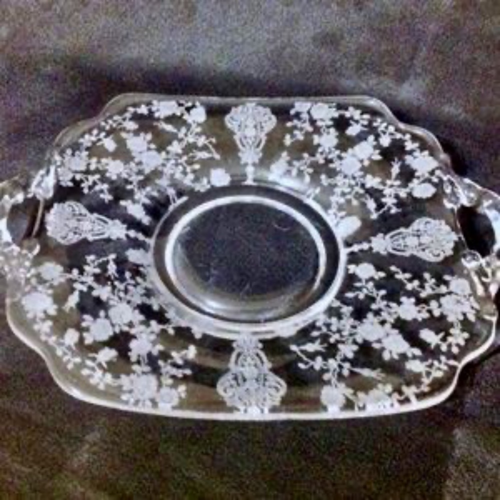 Vintage Cambridge Rose Point Etched Crystal Small Two Handle Tray